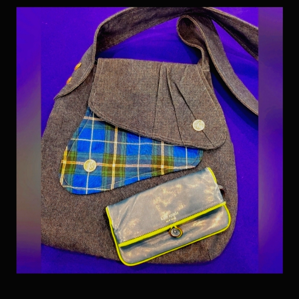 ** SOLD**Denim/Plaid Women's Bag with Kate SpadeLeather Wallet , Navy & Green